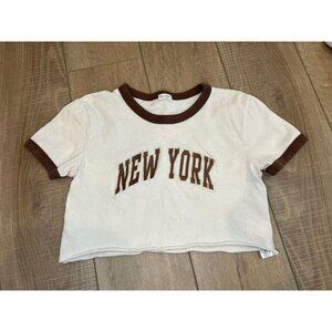 Brandy Melville New York Cutoff Crop top Ringer Style John Galt‎ Ivory Brown